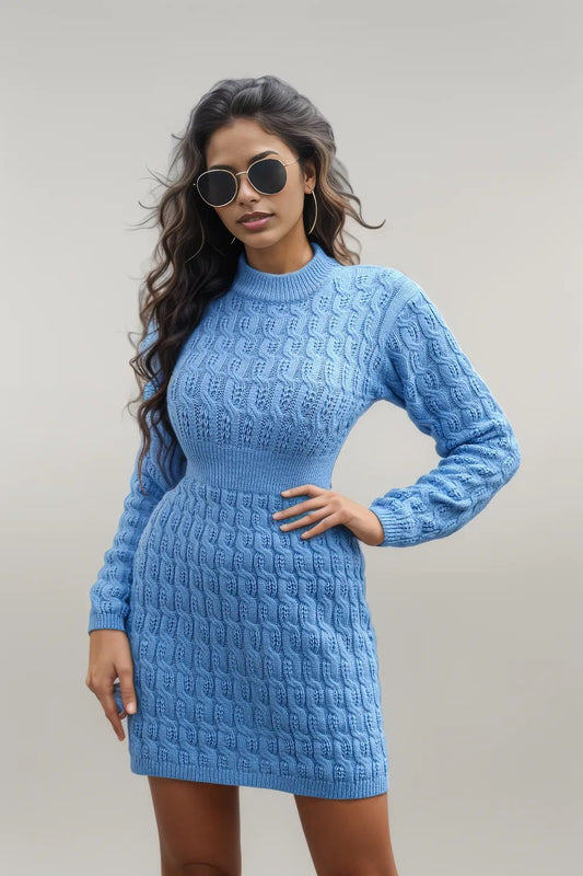 Cable-Knit Openwork Sweater Dress Blue