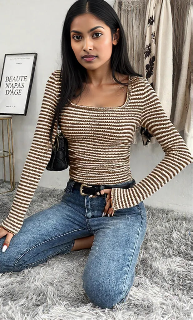 Striped Square Neck Long Sleeve T-Shirt