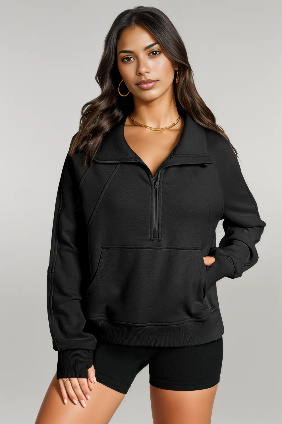 Black Quarter Zip Stand Neck Kangaroo Pocket Sweatshirt