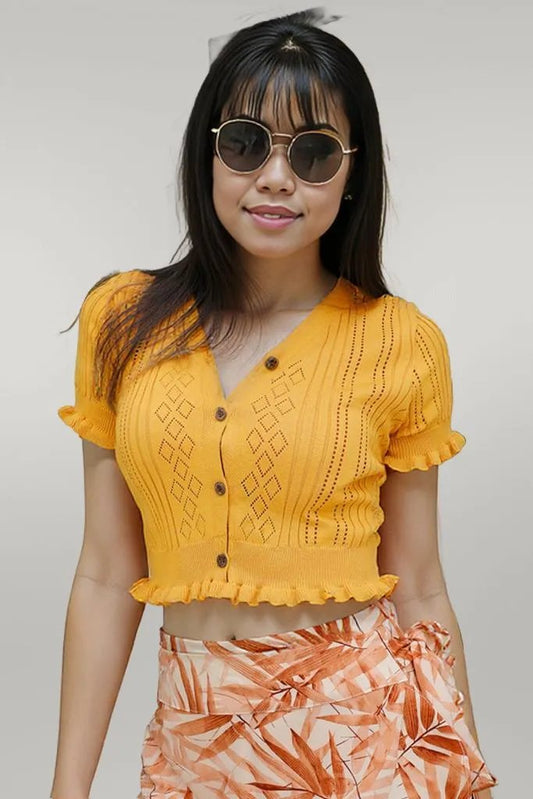 Buttoned Frill Hem Cropped Knit Top Gold One Size