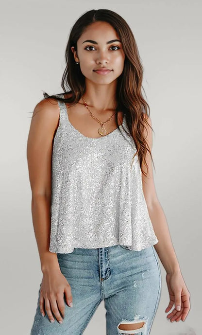 Sequin Scoop Neck Tank Light Gray