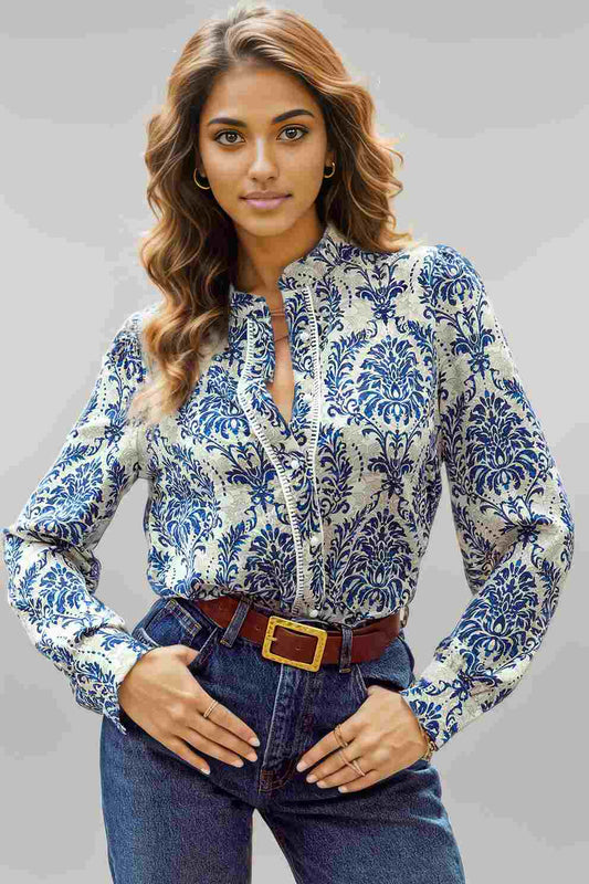 Sky Blue Bohemian Printed Bishop Sleeve Lace Shirt Sky Blue 100%Polyester