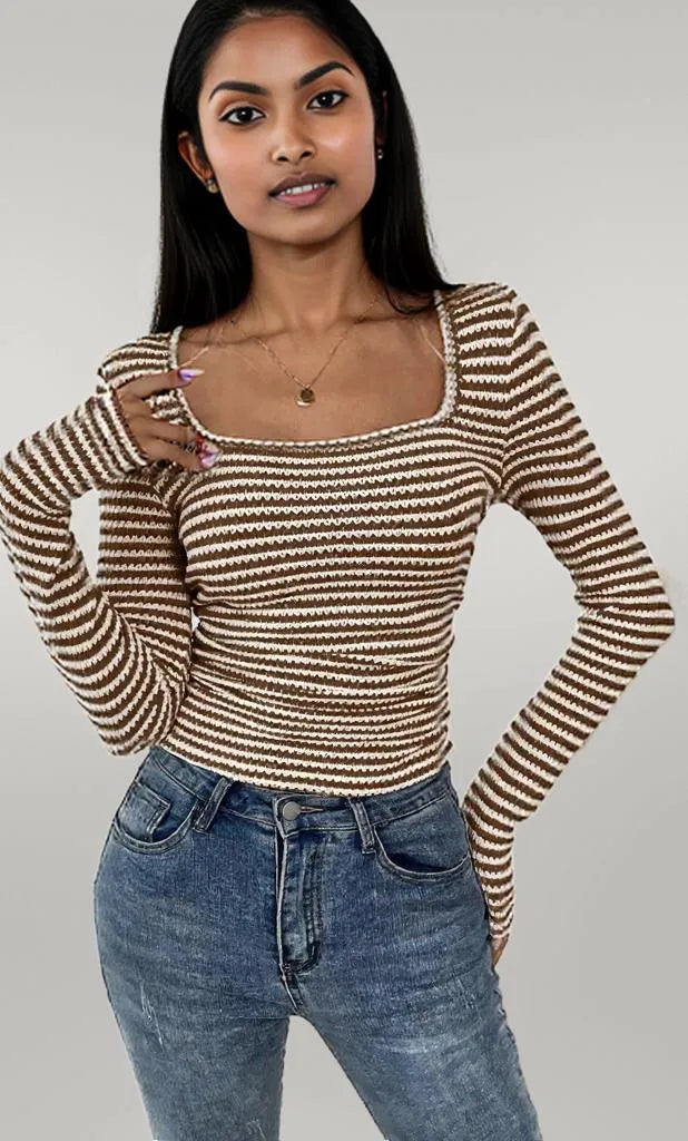 Striped Square Neck Long Sleeve T-Shirt