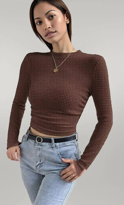 Waffle Knit Long Sleeve T-Shirt Brown