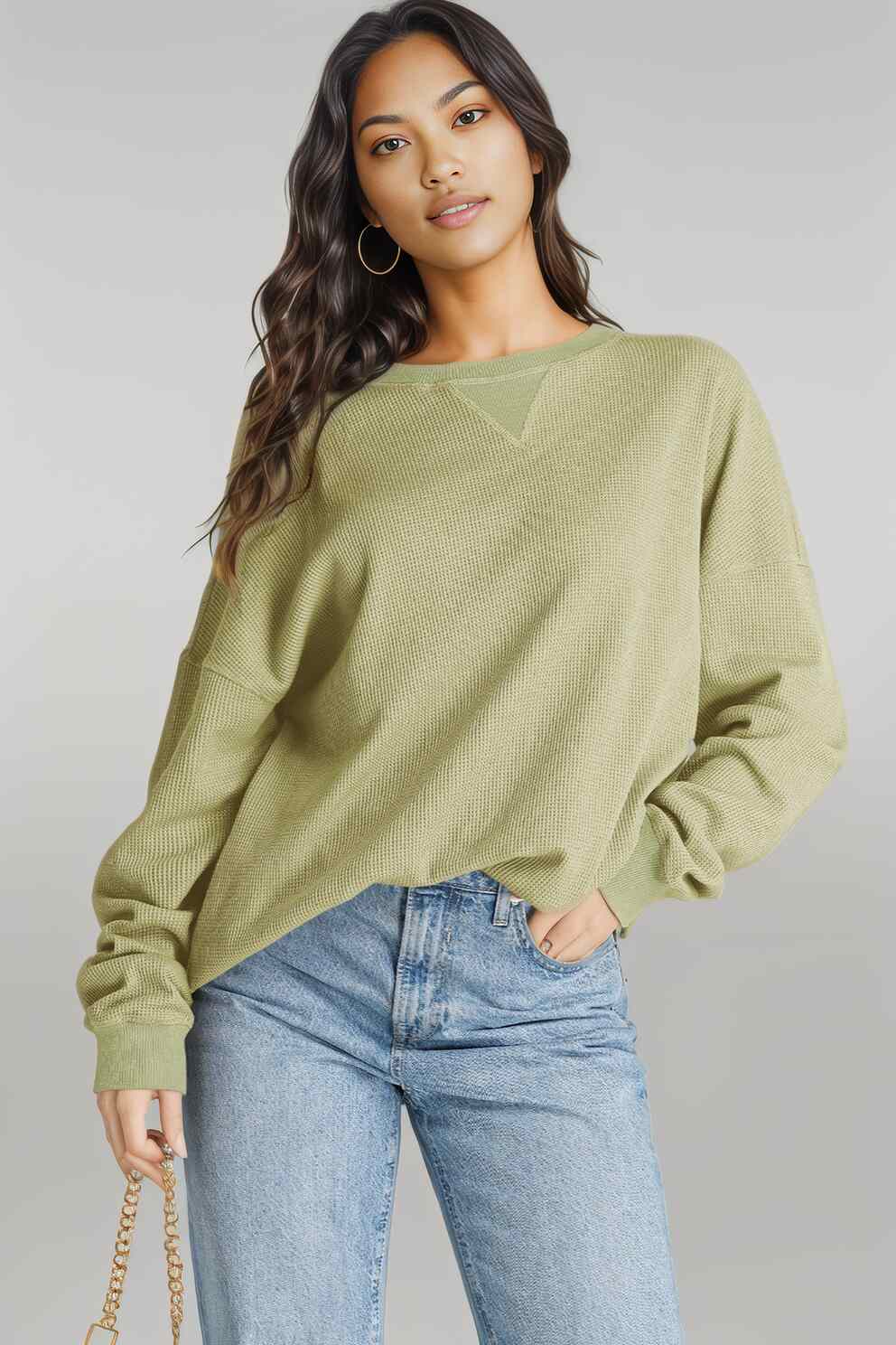 Waffle-Knit Long Sleeve Sweatshirt