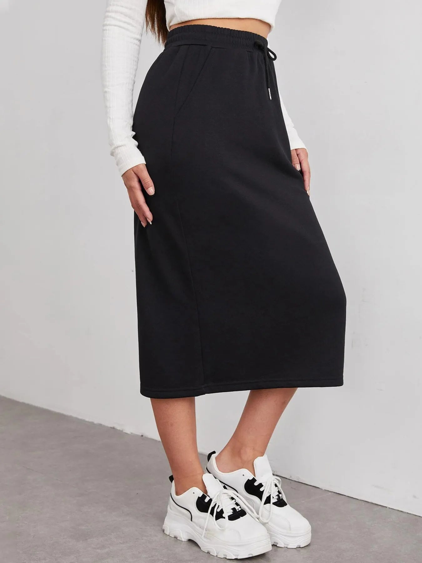 Slit Drawstring Midi Skirt Black