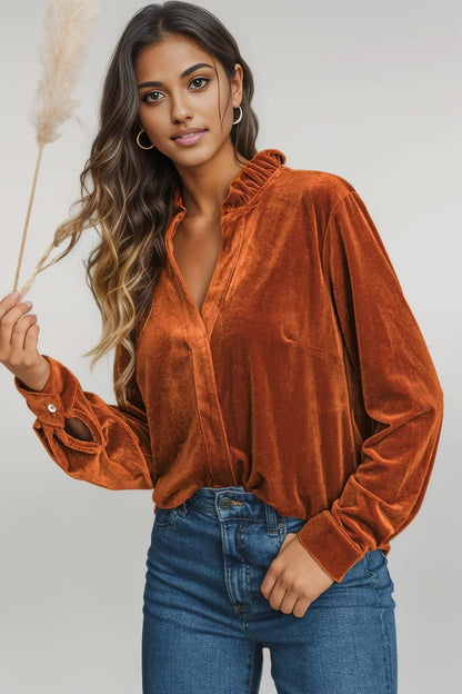 Notched Frill Detail Long Sleeve Blouse Brown