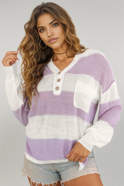 Pink Striped Knit Button Ribbed Split Neck Sweater - Sweaters & Cardigans/Sweaters - Dear - Lover - Pink - XL - 100%Acrylic - LC2723255 - 10 - XL