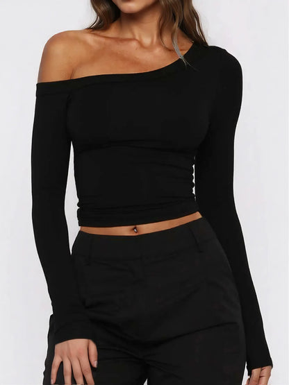 One Shoulder Long Sleeve Crop T-Shirt
