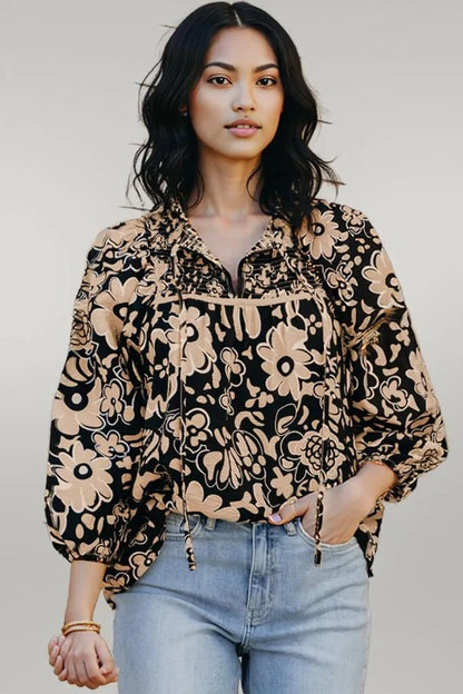 Black Floral Shirred Yoke Bracelet Sleeve Split Neck Boho Blouse Black 81%Viscose+19%Polyamide