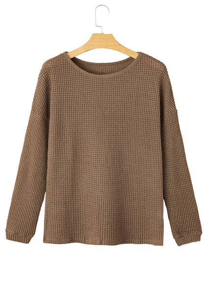 Khaki Waffle Knit Drop Shoulder Long Sleeve Top