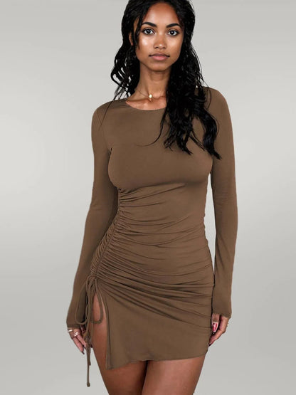 Side Drawstring Round Neck Long Sleeve Dress Brown