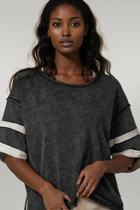 Contrast Round Neck Half Sleeve T-Shirt Black