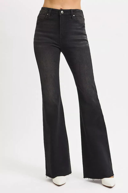 RISEN Full Size High Rise Flare Raw Cut Hem Jeans Plus Size BLACK