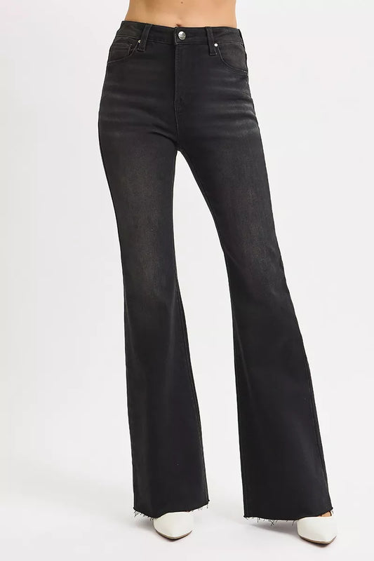 RISEN Full Size High Rise Flare Raw Cut Hem Jeans Plus Size BLACK