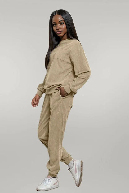 Corduroy Round Neck Sweatshirt and Sweatpants Set