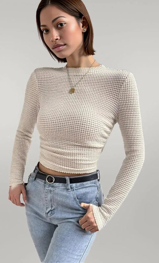 Waffle Knit Long Sleeve T-Shirt Beige