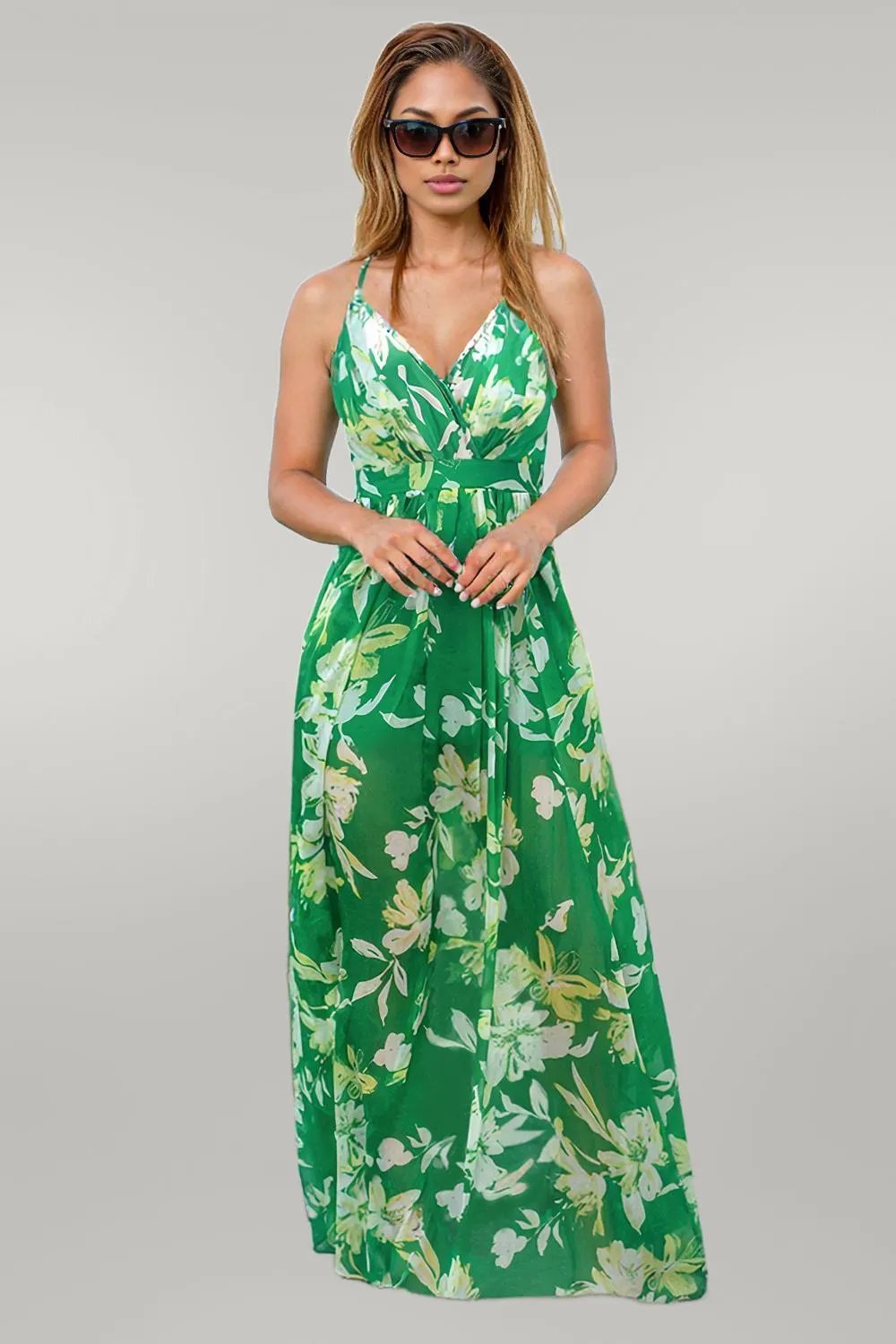 Crisscross Printed Surplice Cami Dress Green