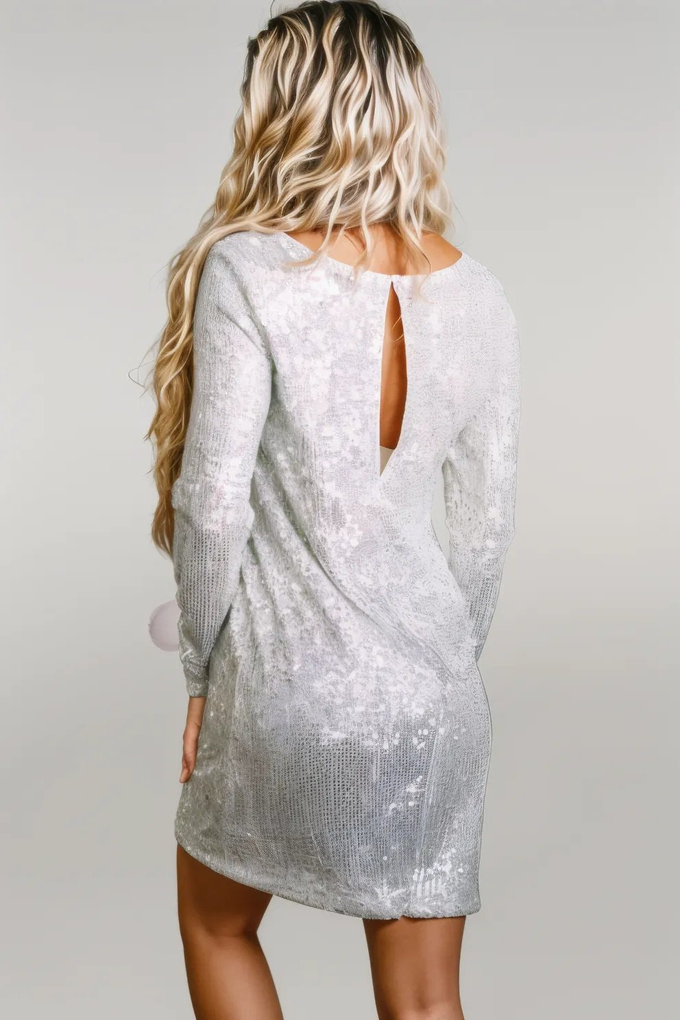 Silvery Sequin Long Sleeve Tie Waist Mini Dress