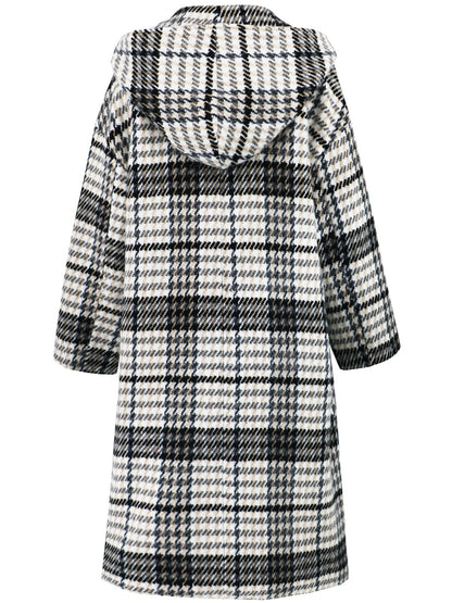 Plaid Double - Breasted Long Sleeve Longline Coat - coat - Trendsi