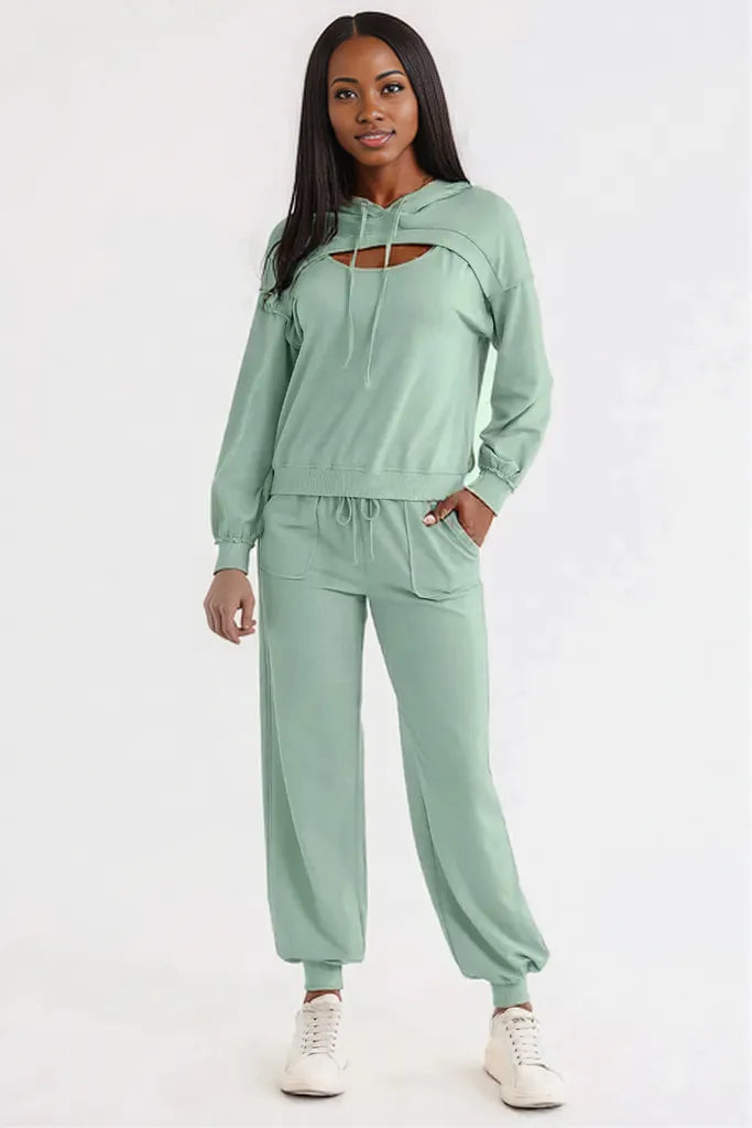 Cutout Drawstring Hoodie and Joggers Active Set