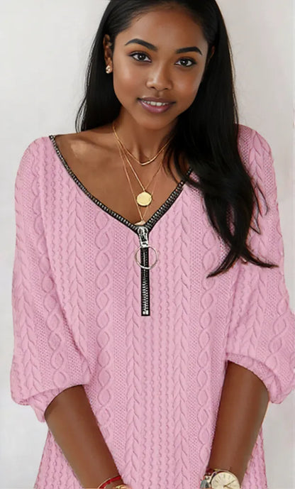 Zip Detail Textured Knit Mini Sweater Pink