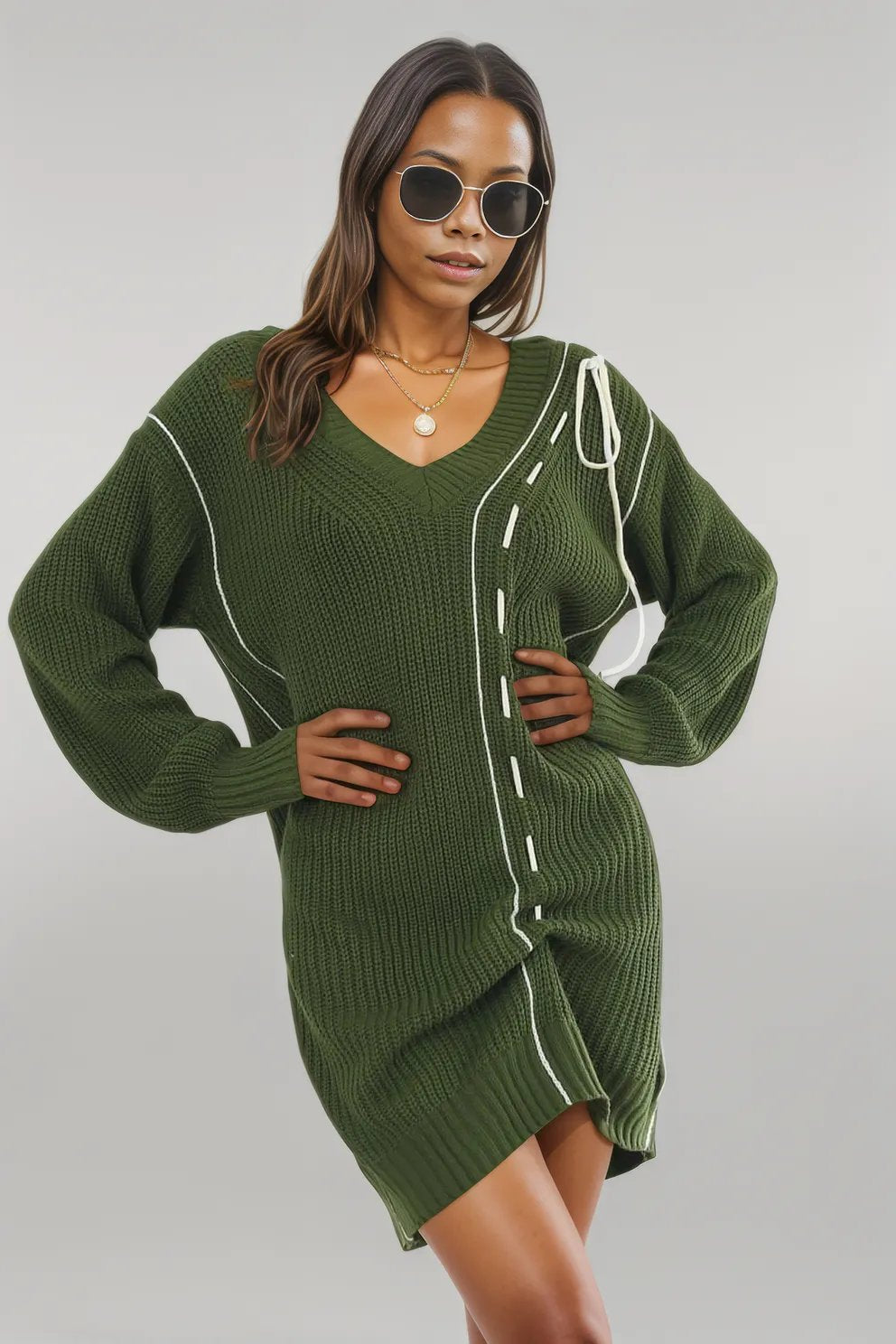 Contrast V-Neck Sweater Dress Army Green