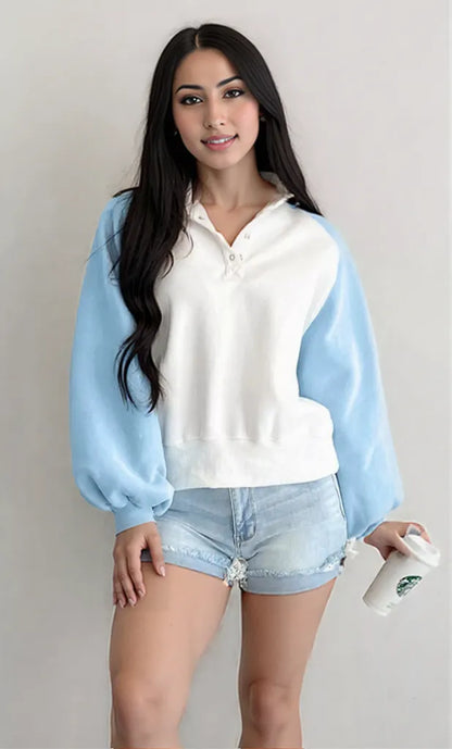 Color Block Snap Buttons Sweatshirt Pastel Blue