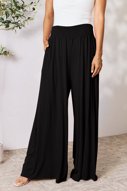 Double Take Full Size Smocked Wide Waistband Wide Leg Pants Black