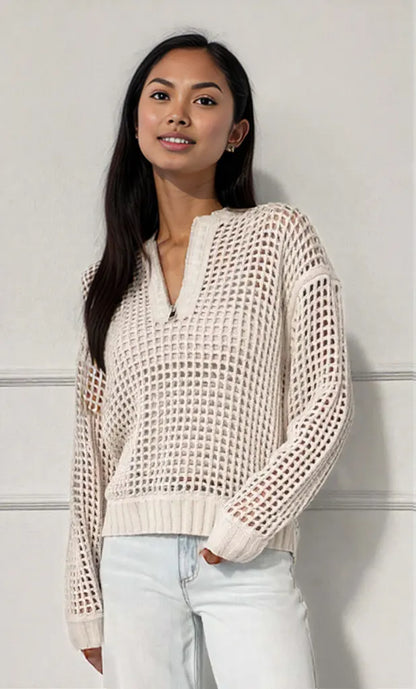 Half-Zip Detail Long Sleeve Sweater Beige