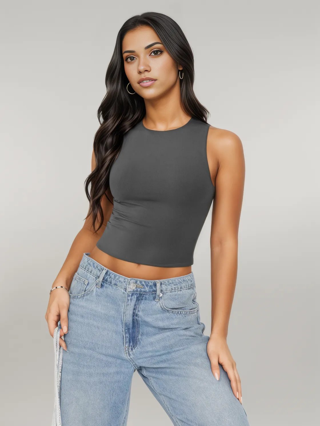 Round Neck Cropped Tank Dark Gray