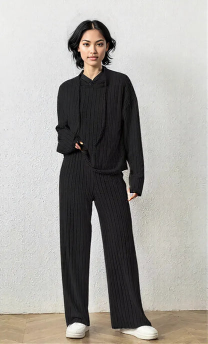 Ribbed Drawstring Hoodie and Pants Set