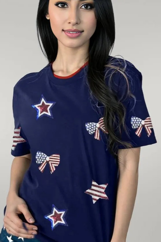 Sequin Star Round Neck Short Sleeve T-Shirt
