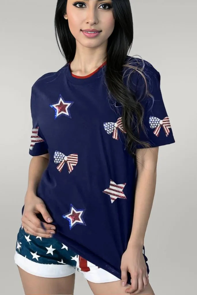 Sequin Star Round Neck Short Sleeve T-Shirt Navy
