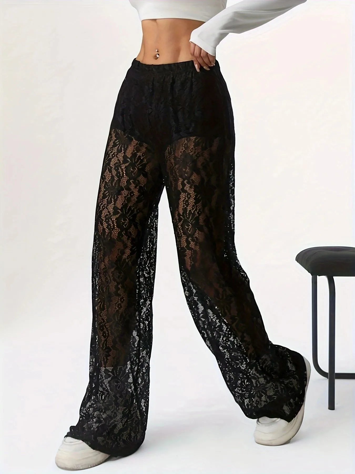Lace Sheer Wide Leg Pants