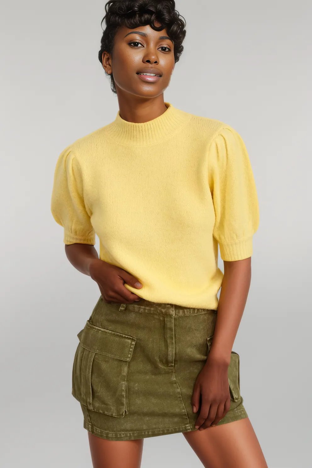 HYFVE Mock Neck Puff Sleeve Sweater Creamy Yellow