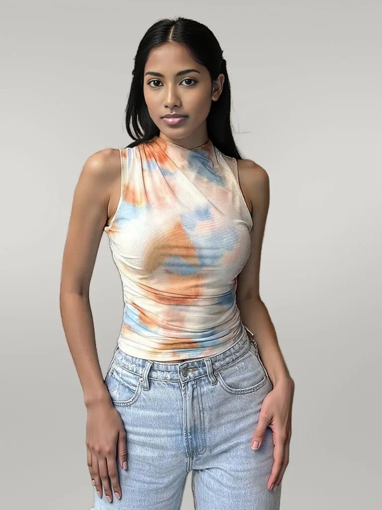 Printed Mock Neck Ruched Tank Sherbet