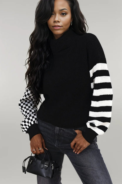 Black Striped Plaid Patchwork Waffle Knit Turtleneck Sweater