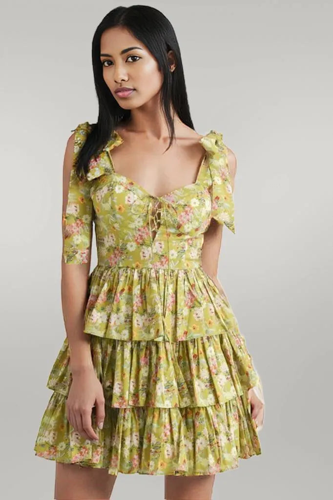 MABLE Floral Print Shoulder Tie Layered Mini Dress
