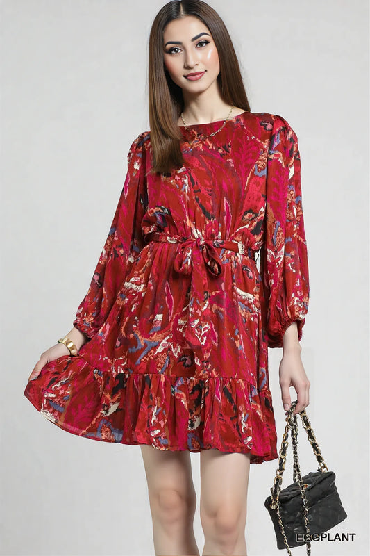 Umgee Ruffled Hem Printed Balloon Sleeve Dress EGGPLANT