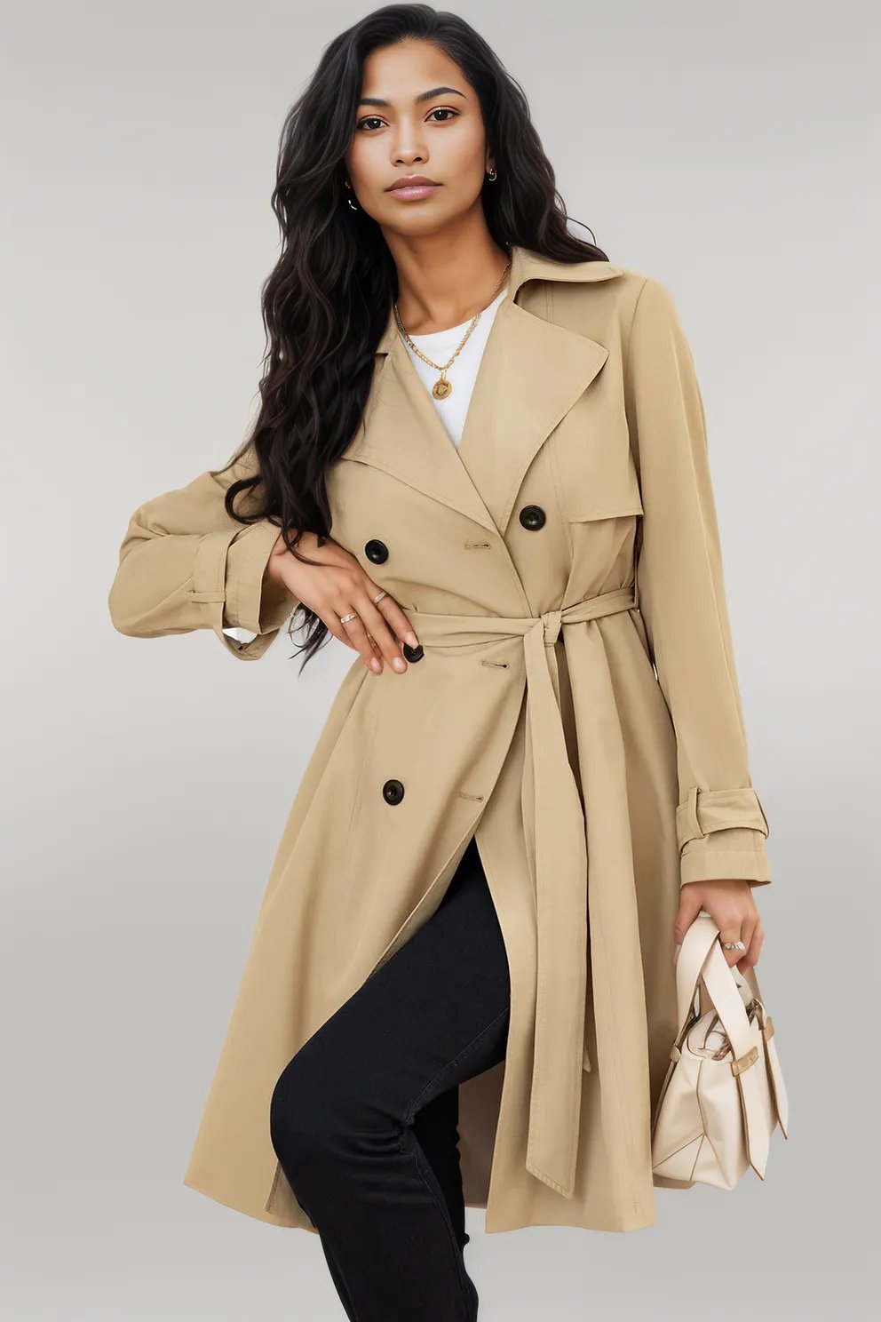 Pale Khaki Solid Color Lapel Collar Waist Tie Wind Coat - Outerwear/Coats - Dear - Lover