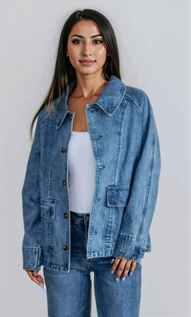 Button Up Raglan Sleeve Denim Jacket