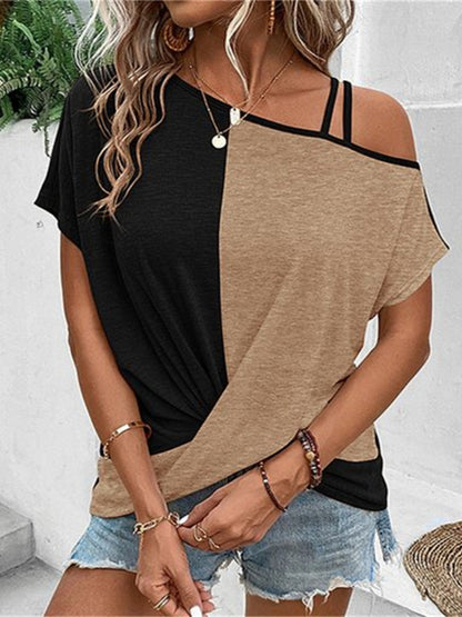 Contrast Asymmetrical Neck Short Sleeve Camel