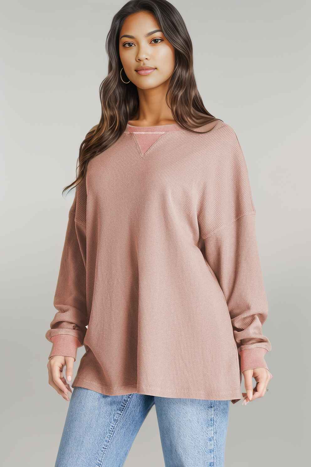 Waffle-Knit Long Sleeve Sweatshirt