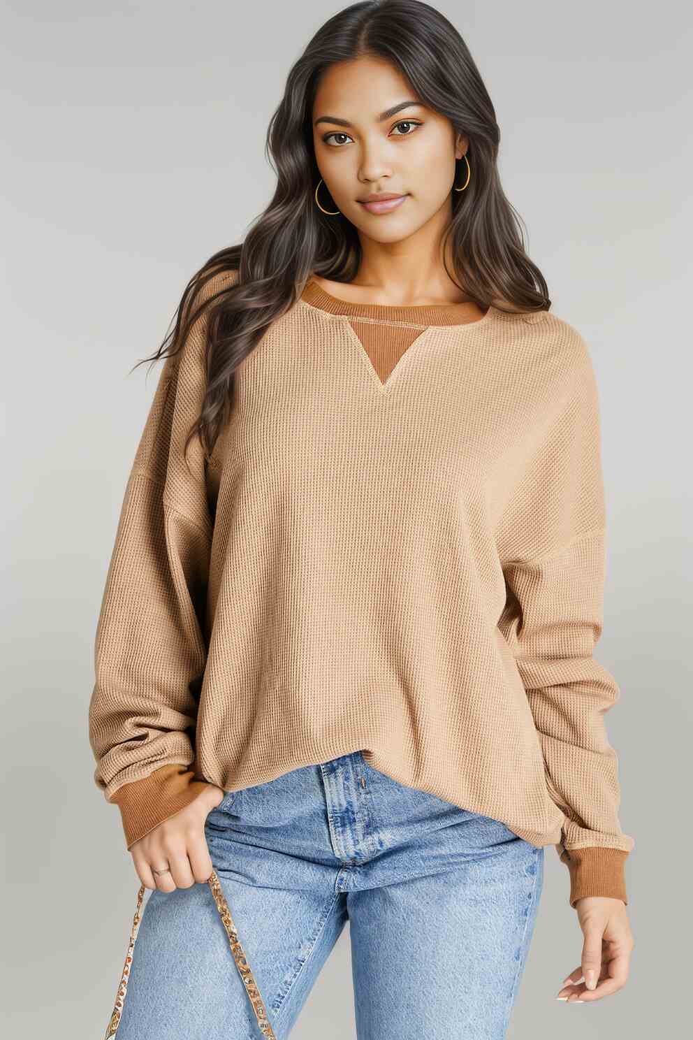 Waffle-Knit Long Sleeve Sweatshirt