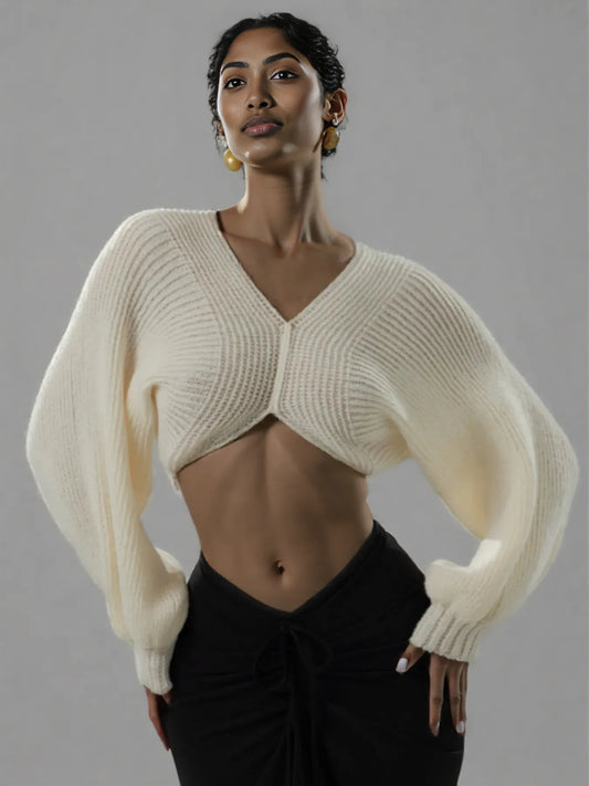 V-Neck Long Sleeve Crop Sweater Off White