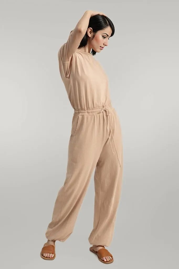HYFVE Back Keyhole Round Neck Cap Sleeve Drawstring Jumpsuit