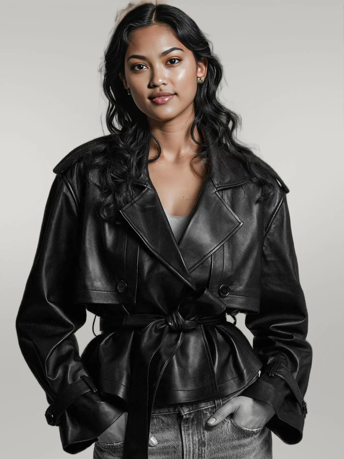 Leather Belted Trench Jacket Black