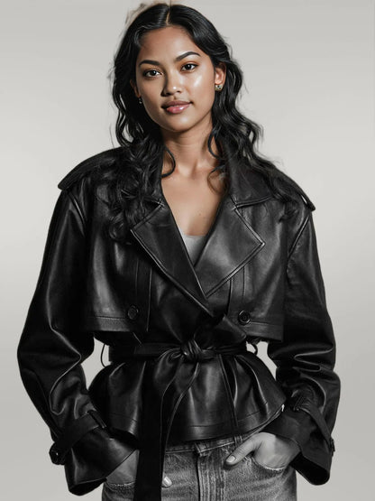 Leather Belted Trench Jacket Black
