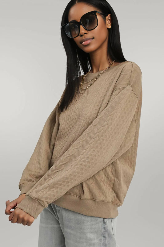 Umgee Cable Texture Pattern Sweatshirt with Ribbed Hem